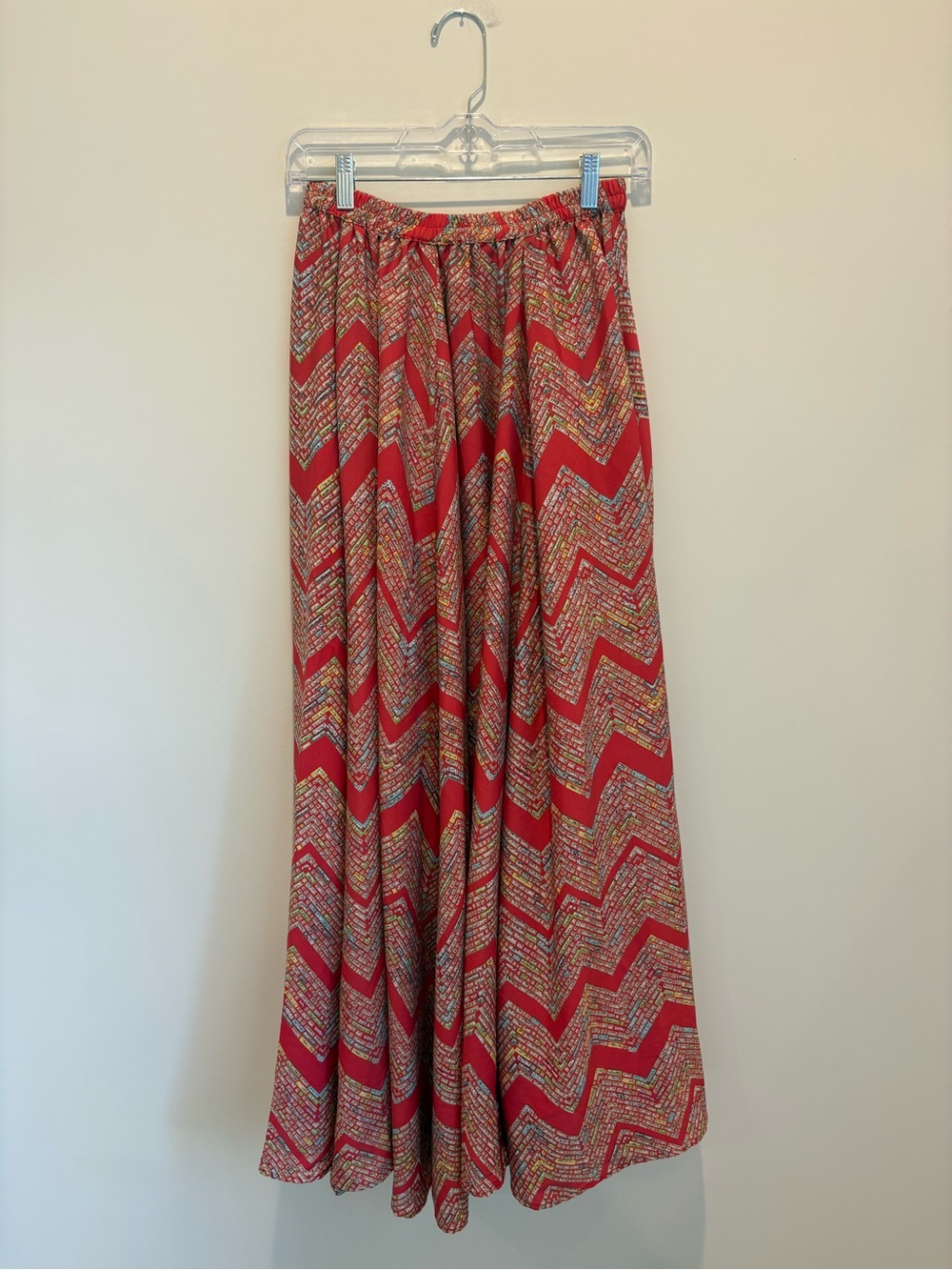 Vintage Red Chevron Maxi Skirt with Elastic Waist